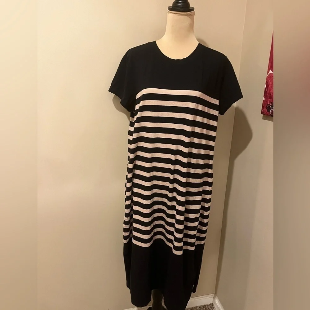 J.Crew Women Black Beige Striped Cotton Midi T-shirt Dress S with Side Slit, XL